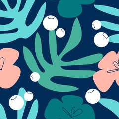 Vector seamless artistic bright tropical pattern with original stylish floral background print, fantastic forest, summer beach fun