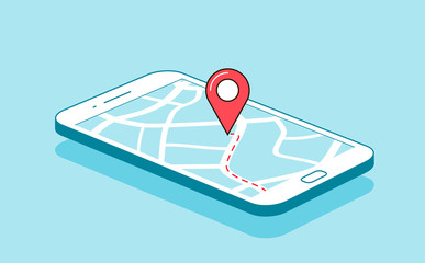 GPS navigation or route with check-in symbol on screen of mobile phone. Vector