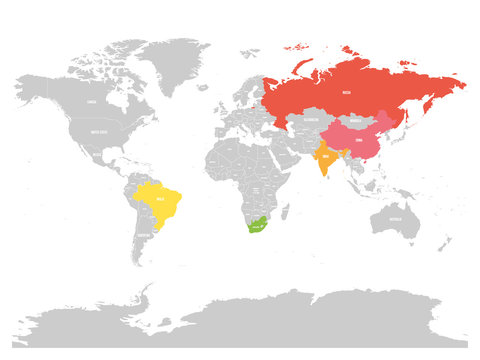 World map with highlighted member countries of BRICS - association of five major emerging national economies - Brazil, Russia, India, China and South Africa