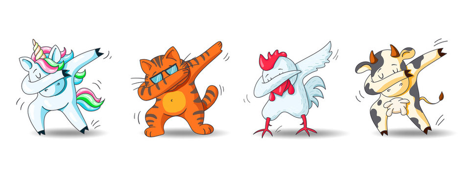 Set of cute cartoon characters in dub dance poses. Hand drawn unicorn, cat, chicken, cow doing dabbing. Vector Illustration for kids isolated on white background.
