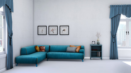 White minimalist living room with blue corner sofa. Scandinavian interior design. 3D illustration