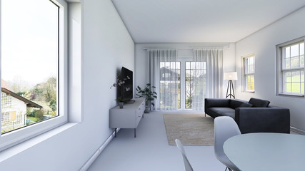 Stylish room in black and white color with sofa and tv. Scandinavian interior design. 3D illustration