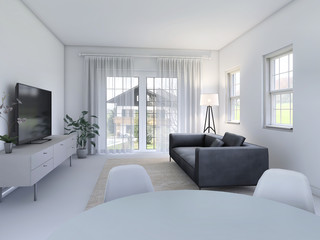 Stylish room in black and white color with sofa and tv. Scandinavian interior design. 3D illustration