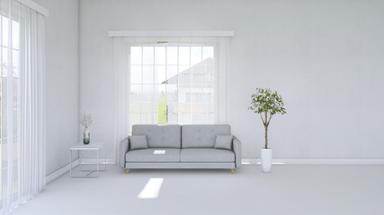 White minimalist living room interior with sofa on a white floor, a landscape in window. Scandinavian interior design. 3D illustration
