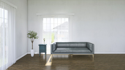 White minimalist living room with sofa on wooden floor, a landscape in window. Scandinavian interior design. 3D illustration
