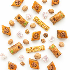 Arabic baklawa on white background, flat lay, top view