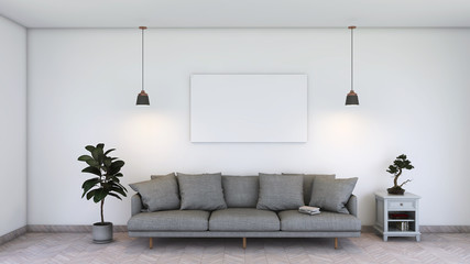 Mock up poster frame in modern white interior with pink sofa and plant on wooden floor. Home nordic interior. 3D illustration