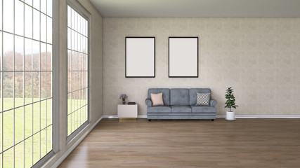 Mock up poster frame in modern white interior with sofa and plant on wooden floor. Home nordic interior. 3D illustration