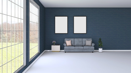 Mock up poster frame in modern white interior with sofa and plant on wooden floor. Home nordic interior. 3D illustration