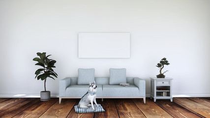 White living room interior with sofa and cute dog on the wooden floor. Home nordic interior. 3D illustration