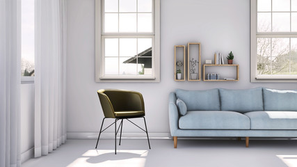 White living room interior with sofa, lamp and armchair. Home nordic interior. 3D illustration