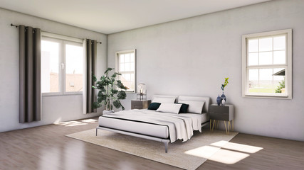 Modern bed room in white color with plant on wooden floor. Scandinavian interior design. 3D illustration