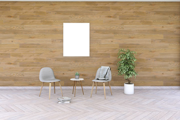 Mock up of two posters on the wall with armchairs and plant on the wooden floor. Home nordic interior. 3D illustration