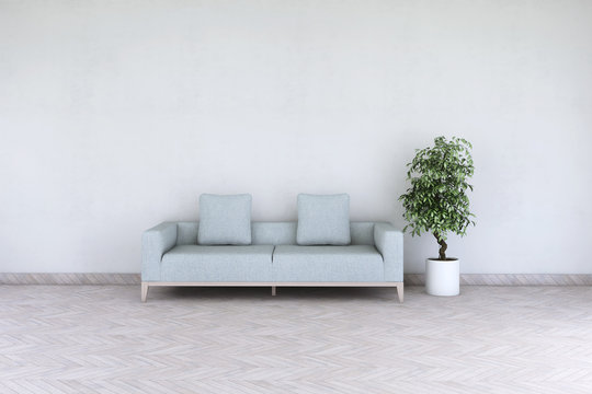 White living room interior with sofa and plant on the wooden floor. Home nordic interior. 3D illustration
