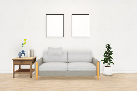 White living room interior with sofa and plant on the wooden floor. Home nordic interior. 3D illustration