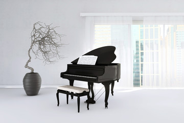 Piano in modern white interior. Home nordic interior. 3D illustration