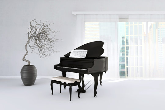 Piano in modern white interior. Home nordic interior. 3D illustration