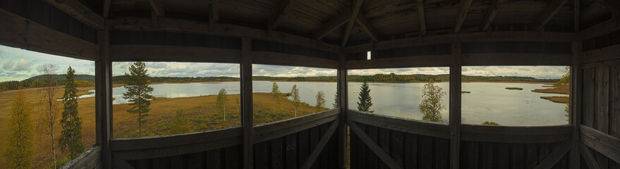 View from lookout tower at nature reserve Vajsjon near Norsjo, northern Sweden