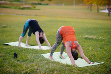 Young girls do yoga outdoors in the Park during sunset. Healthy lifestyle