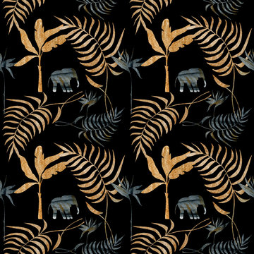 Seamless Pattern With Elephant, Banana. Manual Graphics. Stylish Vintage Illustration. Design Wallpaper, Fabrics, Postcard. Print Black And Goldbackground, Exotic Floral Jungle.abstract Watercolor