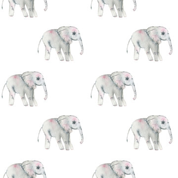 Cute elephant pattern. Seamless watercolor background with gray tender elephant cartoon character. Design wallpaper, fabrics, postcard. Print exotic jungle on white background