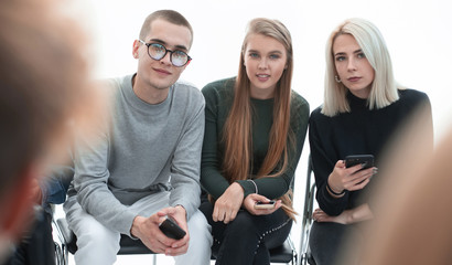close up. group of young people with smartphones