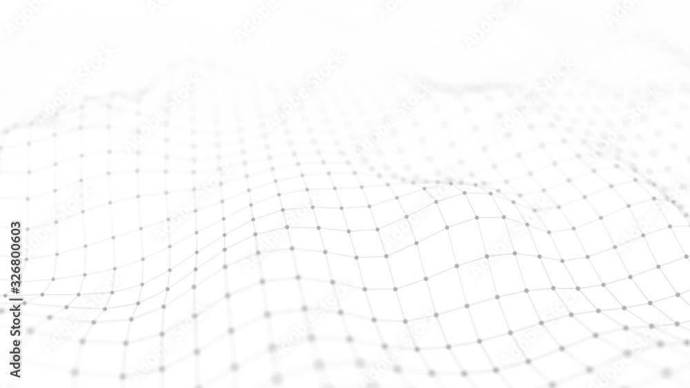 Poster Abstract wave white background. Futuristic wave with connecting dots and lines. 3D rendering.