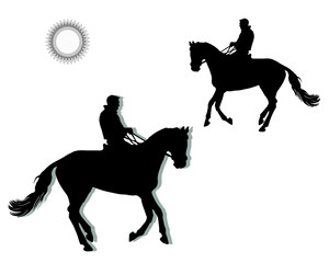 rider on a horse galloping at a reduced gallop, black isolated silhouette on a white background   and award rosettes