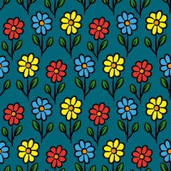 Foto op Canvas Multicolored colorful flowers isolated on a green background. Seamless pattern. Vector graphic hand drawing. Texture. © far700