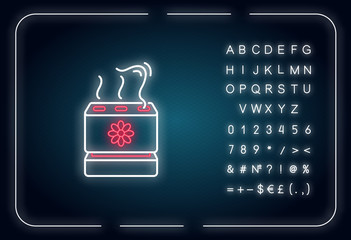 Electronic air filter neon light icon. Modern humidity regulator, home air purifier. Outer glowing effect. Sign with alphabet, numbers and symbols. Vector isolated RGB color illustration