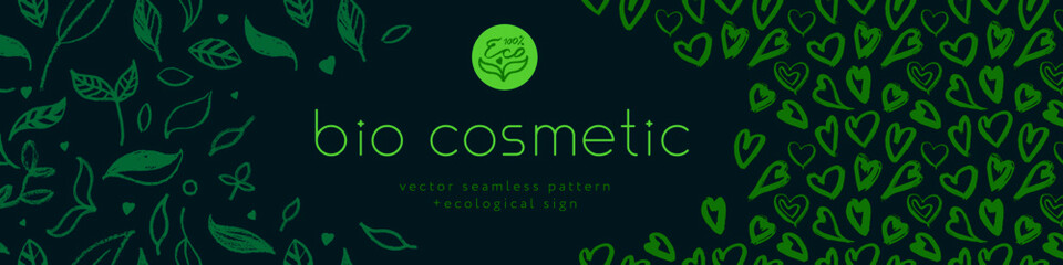 Green cosmetic pattern, eco cosmetics concept for bio cosmetics banner. Vector icons of heart. Eco friendly seamless background. Natural pattern and logo for beauty care products. Label tag template.