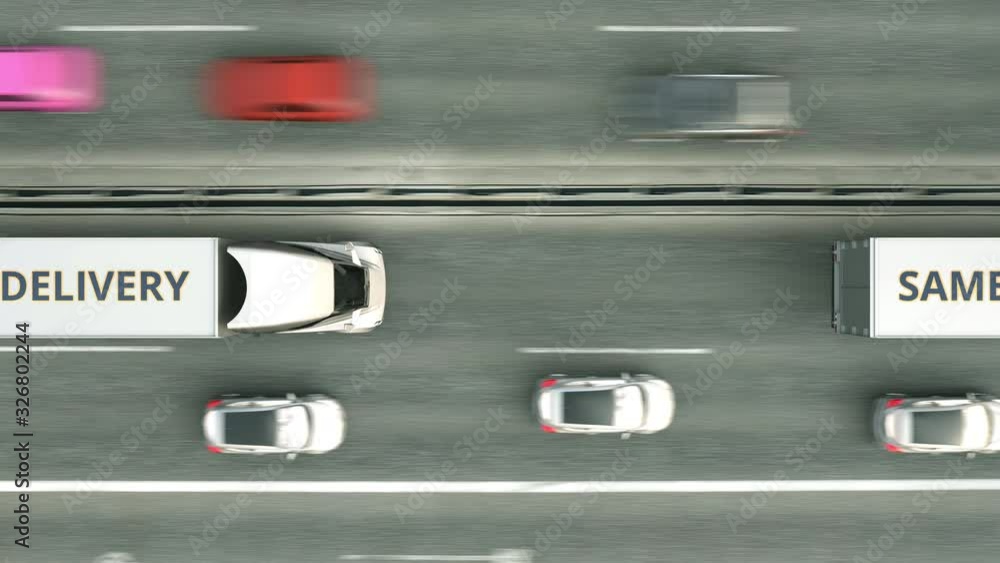 Poster aerial top down view of trailer trucks with same day delivery text driving along the highway. busine