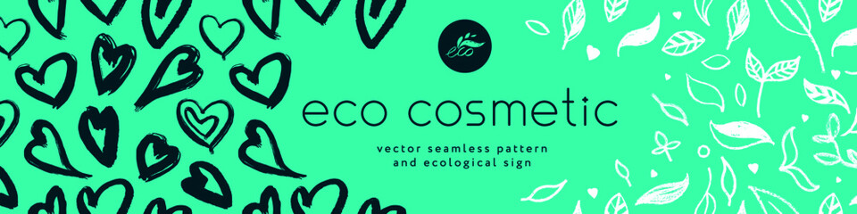 Green cosmetic pattern, eco cosmetics concept for bio cosmetics banner. Vector icons of heart. Eco friendly seamless background. Natural pattern and logo for beauty care products. Label tag template.