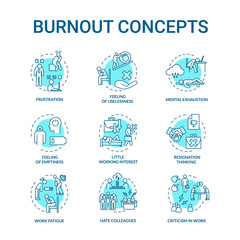 Burnout concept turquoise icons set. Work fatigue. Mental exhaustion. Crisis in office. Frustration idea thin line RGB color illustrations. Vector isolated outline drawings. Editable stroke