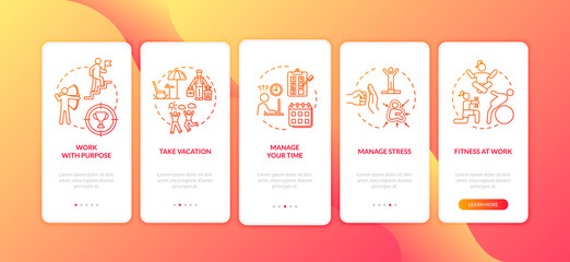 Avoid burnout onboarding mobile app page screen with concepts. Stretching and meditating. Health care walkthrough 5 steps graphic instructions. UI vector template with RGB color illustrations