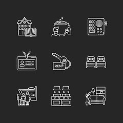 Renting chalk white icons set on black background. Family dormitory. Communal kitchen. Identity card. Living room. Intercom. Shared space. Rental service. Isolated vector chalkboard illustrations