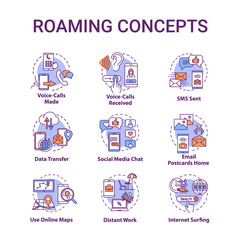 Roaming concept icons set. Browsing social media. Incoming voice calls. Distant work. Internet connection idea thin line RGB color illustrations. Vector isolated outline drawings. Editable stroke
