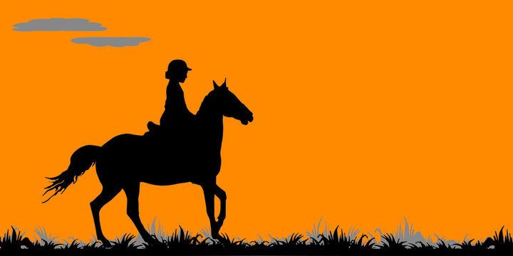  girl rides horse in field, on grass, isolated image, black isolated silhouette on orange background, forest, clouds.