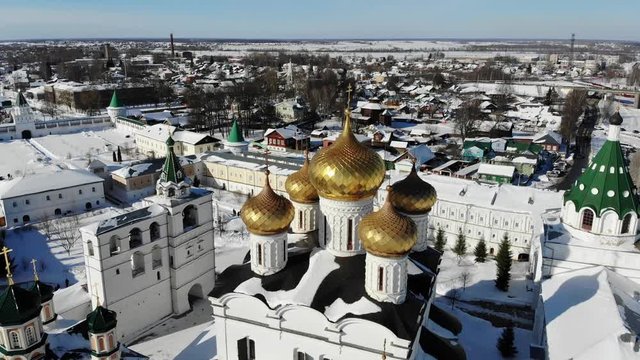 Ipatiev (or Hypatian) Monastery in a sunny winter day. Cinematic view of the monastery from the air. Ancient monastery of the Russian Orthodox Church