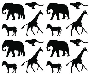Vector seamless pattern of black African animals silhouette isolated on white background