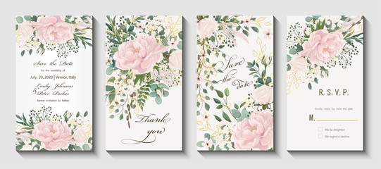 Wedding invitation with flowers Peony and leaves, watercolor, isolated on white. Vector Watercolour. © O.Yu