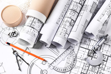 Technical drawings with measure tools. Pencil, measurement. Papers with technical drawings and...