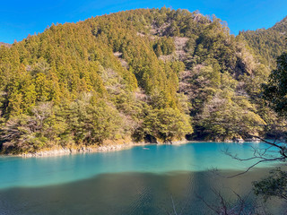 Emerald green lake and nature in the Japanese countryside.