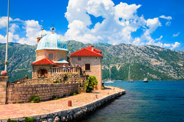 Beautiful mediterranean landscape. Our Lady of the Rock Island near town Perast, Kotor bay,...