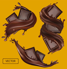 Chocolate bar with splashing and whirl chocolate liquid. Realistic vector. Pieces of chocolate, which with drops. Vector illustration.