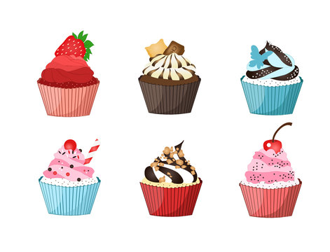 collection of delicious colorful cupcakes on white background