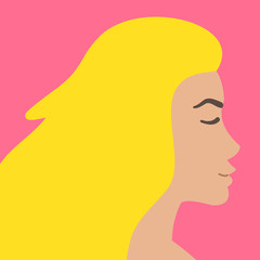 Vector flat cartoon blonde woman head profile isolated on pink background
