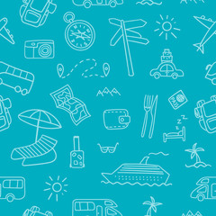 Seamless pattern with hand drawn travel icons. Blue vacation background. Vector illustration.