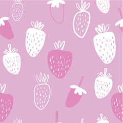 Seamless pattern of pink and white strawberries - vector illustration. Childish. Scandinavian style. Stylish repeating texture. 