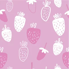 Fototapeten Seamless pattern of pink and white strawberries - vector illustration. Childish. Scandinavian style. Stylish repeating texture.  © alicia